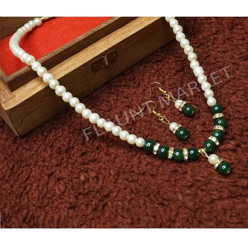 Fashionable Trending Hot Selling Green Round Pearls Set Includes Earrings With Multi Color Stones And Pendant