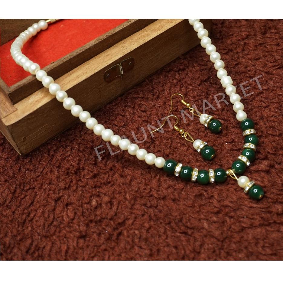 Fashionable Trending Hot Selling Green Round Pearls Set Includes Earrings With Multi Color Stones And Pendant