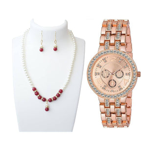 valentines special Combo of FASHIONABLE TRENDING HOT SELLING RED ROUND PEARLS SET INCLUDES EARRINGS WITH MULTI COLOR STONES AND PENDANT and Luxury Geneva Brand Women Gold Stainless Steel Quartz Watch Crystal Casual Wrist Watches Rhinestone Flaunt Market