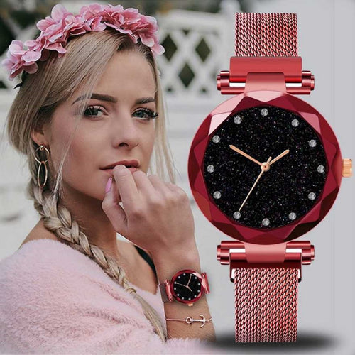 Trending Sale Top Brand Red Mesh Magnet Buckle Starry Quartz Watch Surface Casual Women Wristwatch