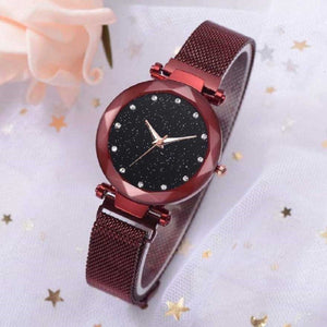 Trending Sale Top Brand Red Mesh Magnet Buckle Starry Quartz Watch Surface Casual Women Wristwatch