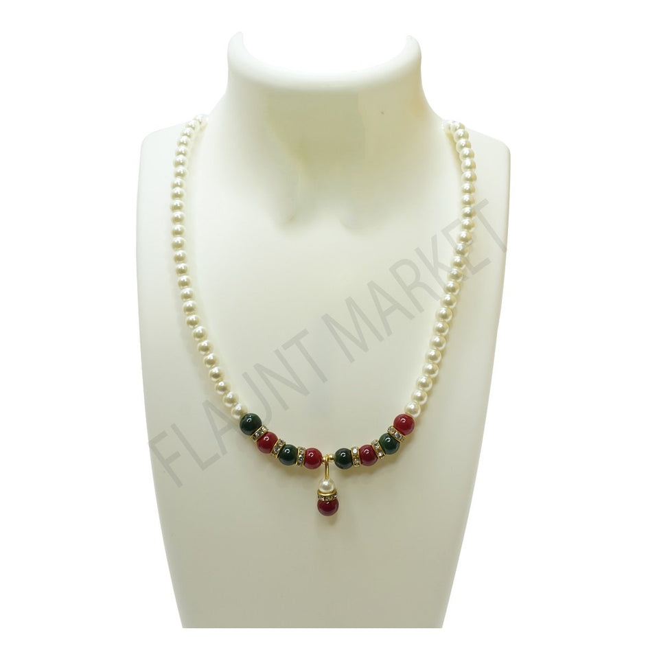 Trendy Hot Selling Multi-color Round Pearls Set Includes Earrings With Multi Color Stones And Pendant (Green Red)