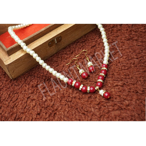 Fashionable Trending Hot Selling Red Round Pearls Set Includes Earrings With Multi Color Stones And Pendant