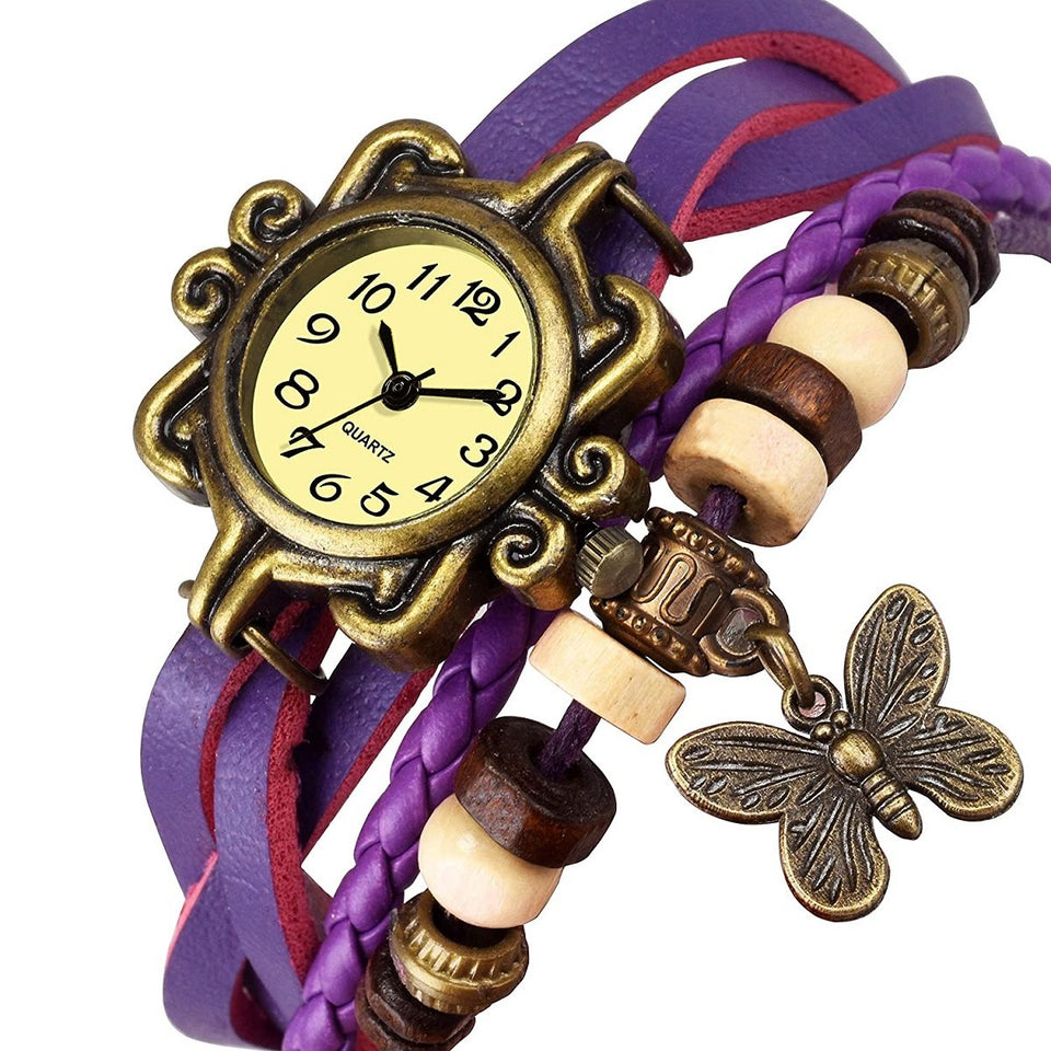 Trending Lady Bead Butterfly Dangle Bracelet Bangle Quartz Wrist Watch Best Quality Sale Women's Butterfly Bracelet Wrist Watches