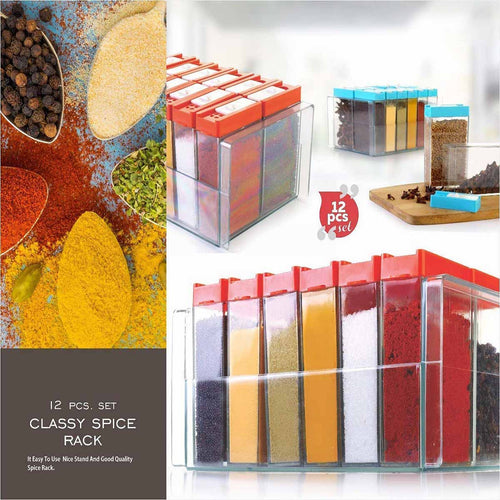 Top Quality Best Selling Kitchenware Plastic Spice Jars Dispenser 12 Masala Rack Box Easy Flow Storage Crystal Seasoning Box (10x17x7cm, Multicolour) (Pack of 12 Box)