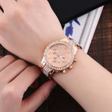 Trending Platinum New Luxury Brands Studded Stones Crystal Stainless Steel Quartz Analogue Rose Gold Round Dial Women's Watch