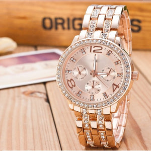 Trending Platinum New Luxury Brands Studded Stones Crystal Stainless Steel Quartz Analogue Rose Gold Round Dial Women's Watch