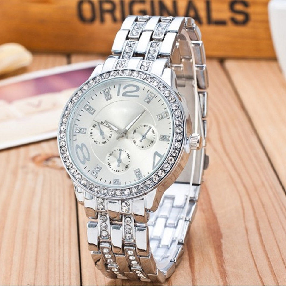 Trending Platinum New Luxury Brands Studded Stones Crystal Stainless Steel Quartz Analogue Silver Round Dial Women's Watch