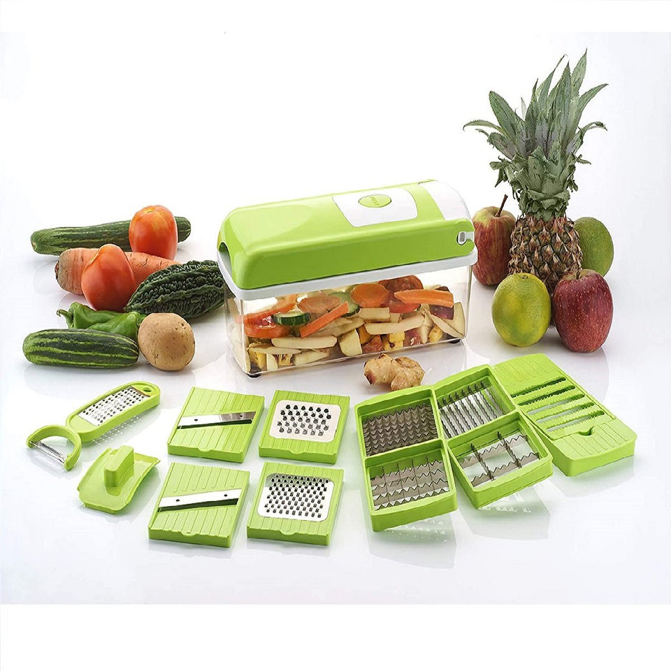 Trending Fruit Chipser With 12 Blades + 1 peeler inside, vegetable chopper, vegetable slicer, (GREEN)