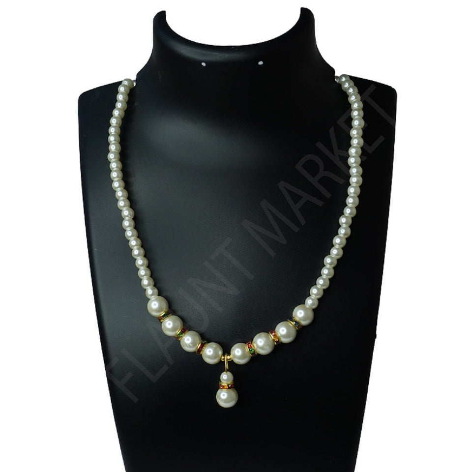 Trendy Hot Selling White Round Pearls Set Includes Earrings With Multi Color Stones And Pendant