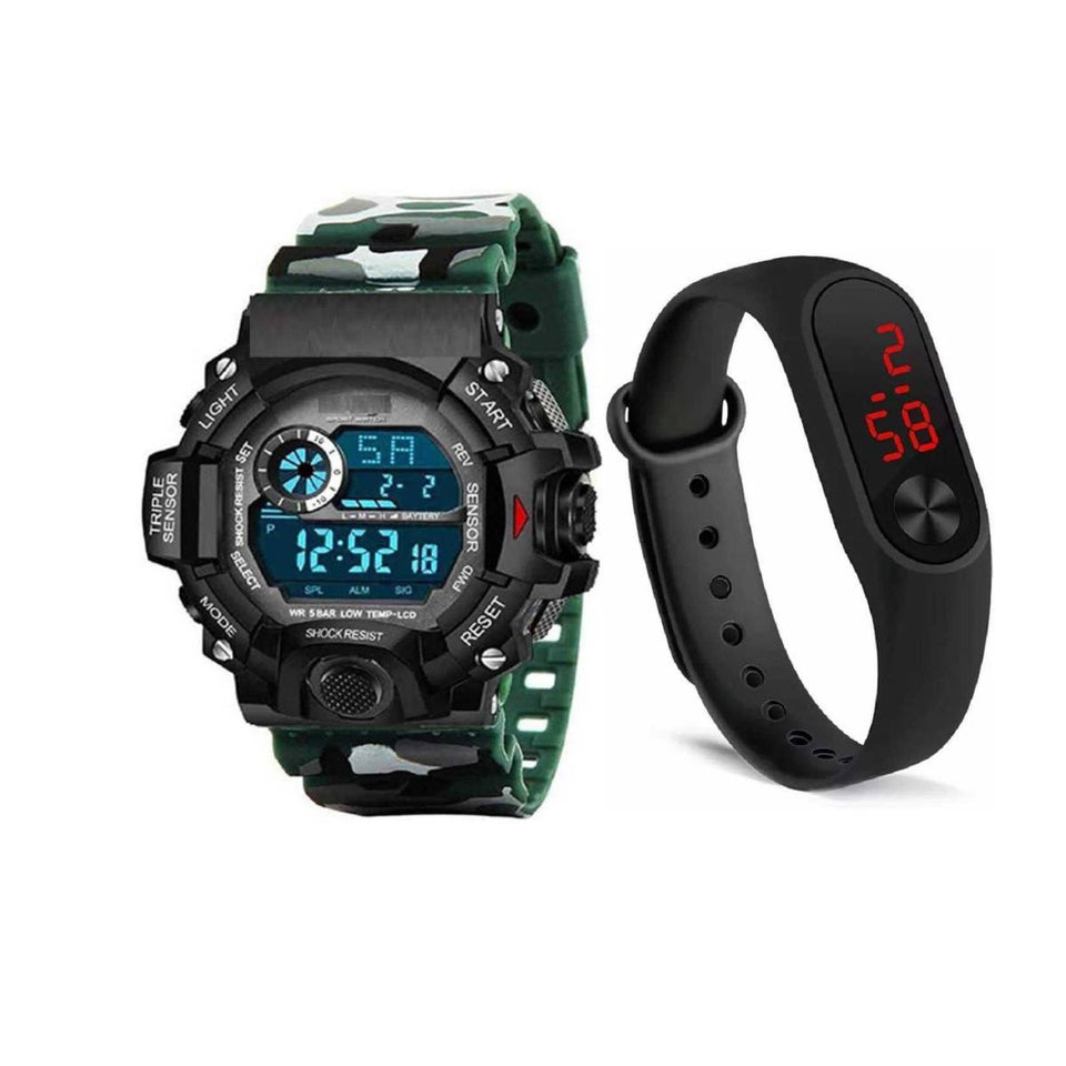 Combo of Sport Band M2 and Green Watches Silicone Strap Waterproof LED Digital Watch For Kid Children Student Girl Boy Wristwatch Clock Watches Men Digital Watch Sport Watch 50M Waterproof Auto Date Digital Military Watches Mens Sport Mens Watch