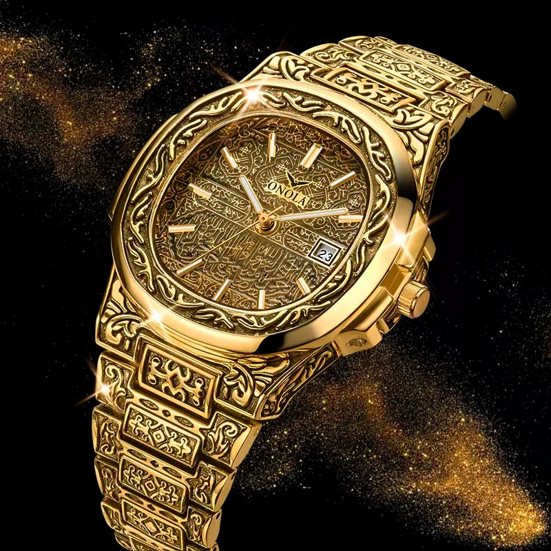 ONOLA Brand Watches Luxury Vintage Engraved Gold Watch Men