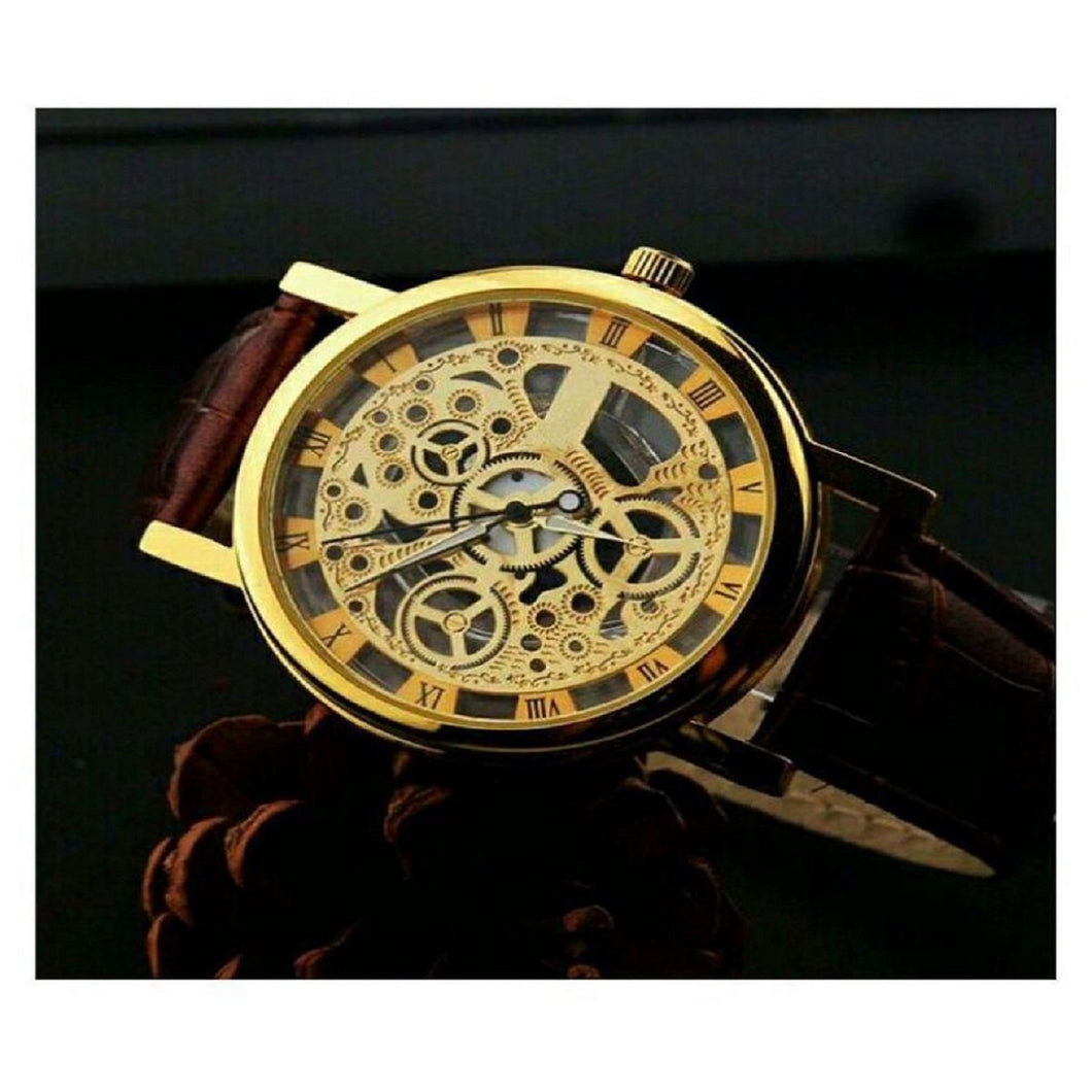 Trending High Quality Brown Stylish Winner Transparent Golden Case Luxury Casual Design Brown Leather Strap Men's Watches