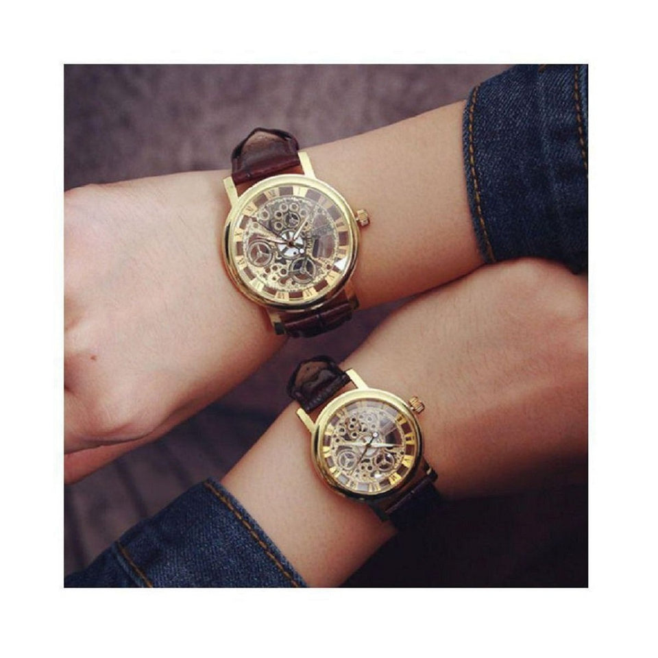 Trending High Quality Brown Stylish Winner Transparent Golden Case Luxury Casual Design Brown Leather Strap Men's Watches