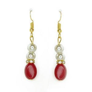 Top Quality New Stylish High Trending's Three Layers Pearl Set Of White Pearls And Ruby Stones Red With Earrings