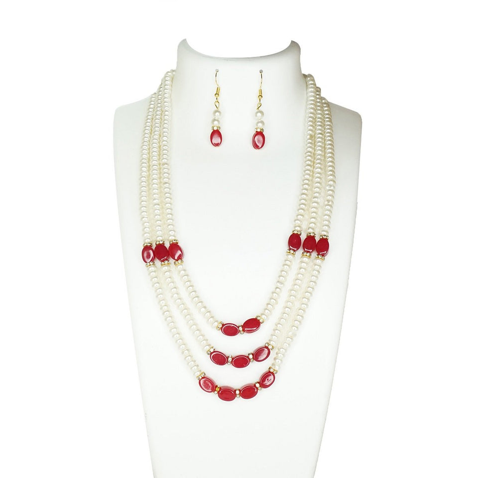 Top Quality New Stylish High Trending's Three Layers Pearl Set Of White Pearls And Ruby Stones Red With Earrings