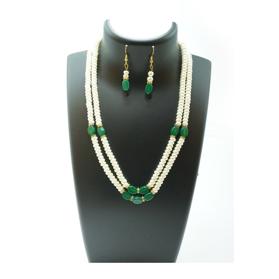 Top Quality New Stylish High Trending's Two Layer Pearl Set Of White Flat Round Pearl With Green Emerald Together With Earrings Beautifully Crafted