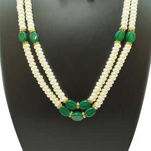 Top Quality New Stylish High Trending's Two Layer Pearl Set Of White Flat Round Pearl With Green Emerald Together With Earrings Beautifully Crafted