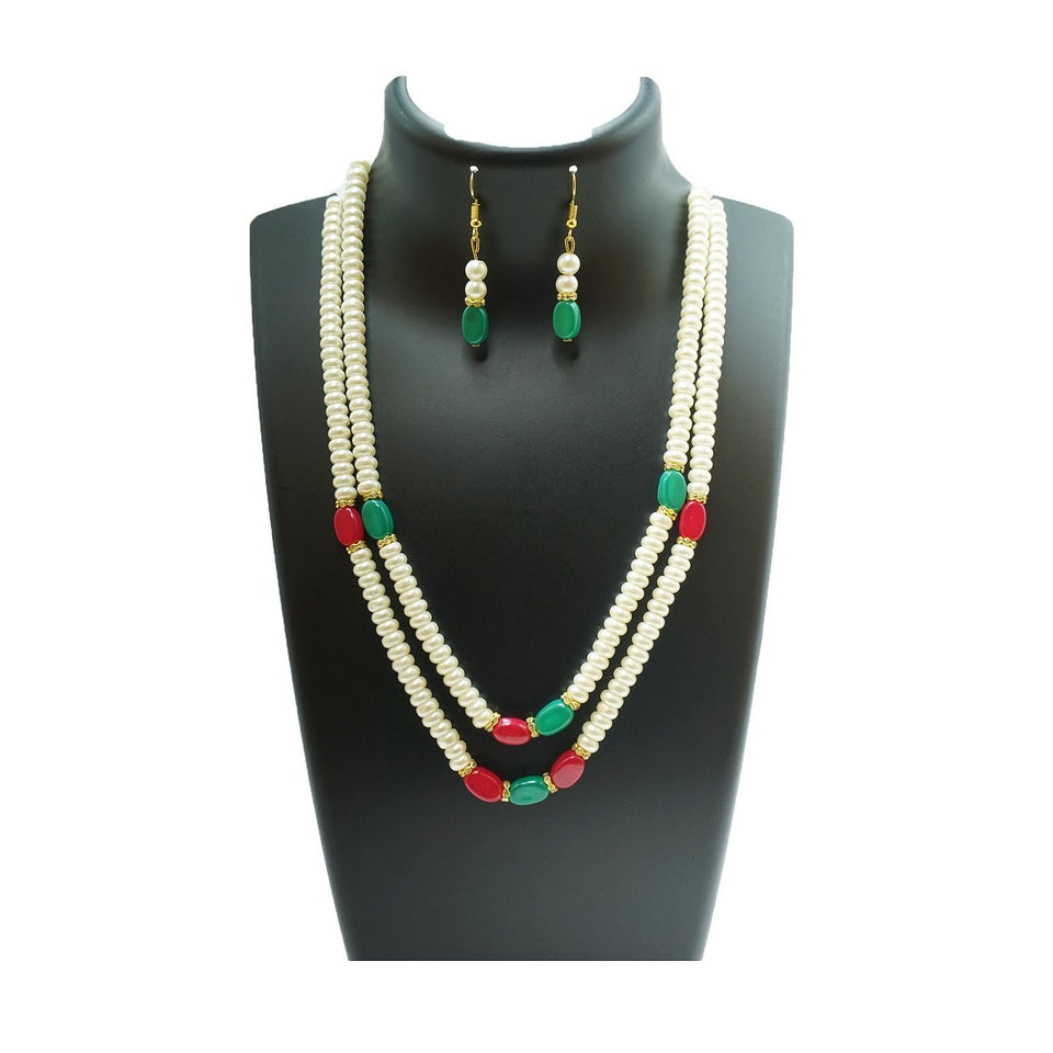 Top Quality New Stylish High Trending's Two Layer Pearl Set Of White Flat Round Pearl With Ruby And Emerald Together With Earrings Beautifully Crafted