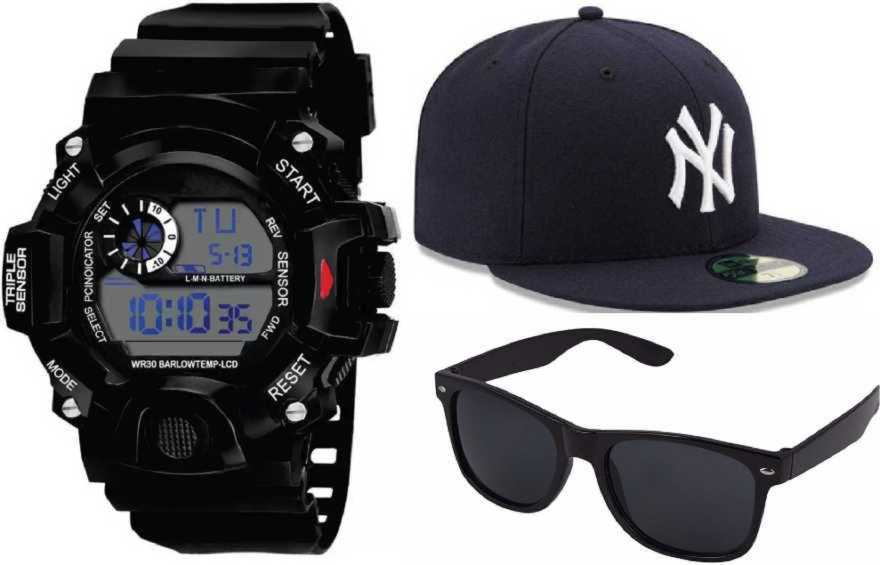 CLASSIC COMBO LUXURY STYLE SET OF 3 CAP-01-WATCH-01-SUNG-LASS-01 HOT BLACK ATTRACTIVE COLORED NEW PASSION BEST RETURN GIFT COLLECTION FOR MEN AND KIDS AND BOYS Digital Watch - For Boys & Girls