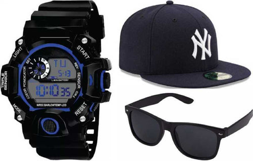 CLASSIC COMBO LUXURY STYLE SET OF 3 CAP-01-WATCH-01-SUNG-LASS-01 HOT BLACK ATTRACTIVE COLORED NEW PASSION BEST RETURN GIFT COLLECTION FOR MEN AND KIDS AND BOYS Digital Watch - For Boys & Girls