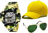 NEW FASHION + NEW GENERATION SET OF 3 YELLOW COMBINATION CAP-01-WATCH-01-SUNG-LASS-01- DIGITAL MILITARY + YELLOW BASEBALL + YELLOW LINE GREEN AVIATOR SUNG-LASS HOT AND COOL LOOKING Digital Watch - For Boys